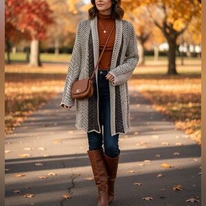 Lapis Cream & Brown Open Front Sweater
